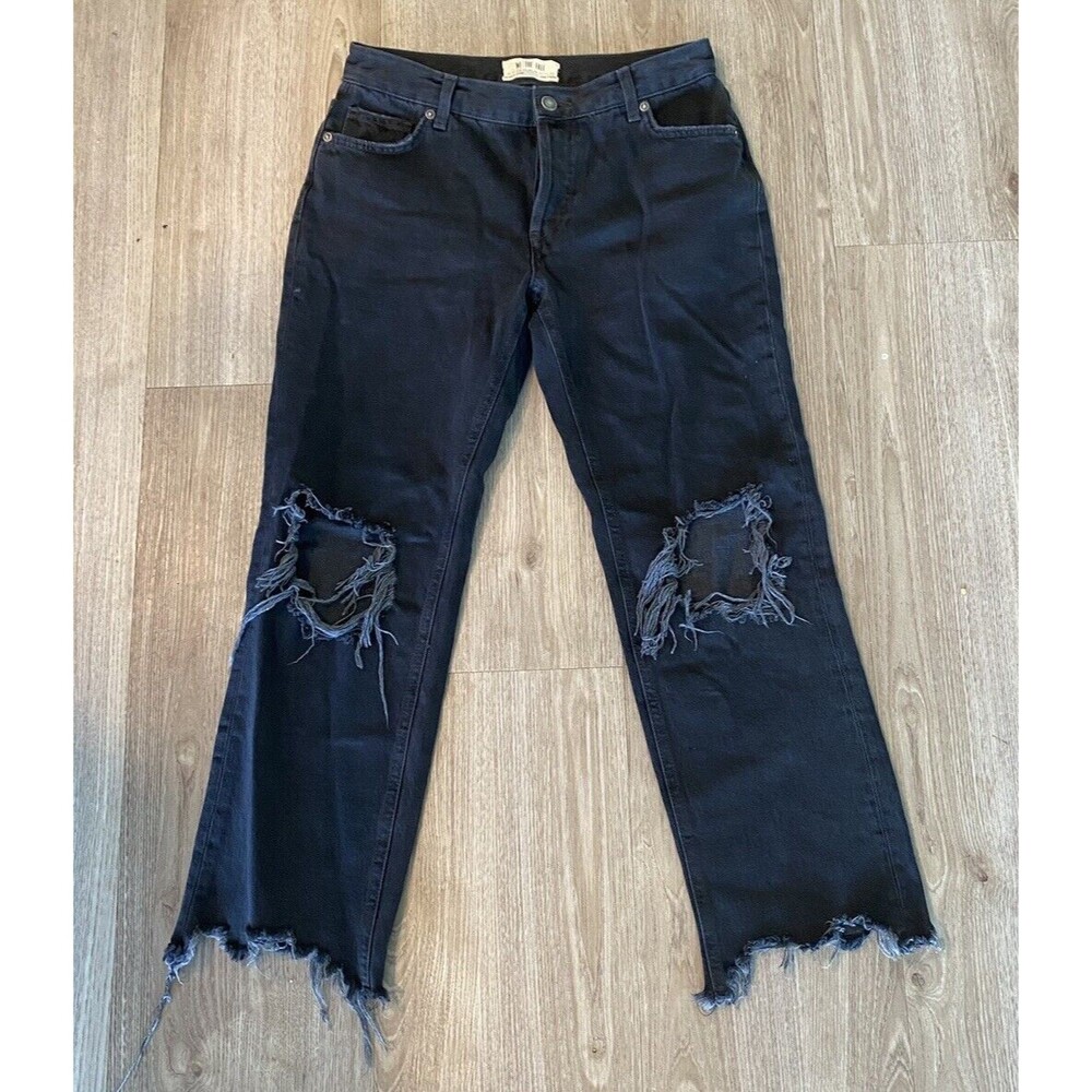 Free People Maggie Mid-Rise Straight-Leg Jeans (26) 26 X 25 BLACK RAW HEM